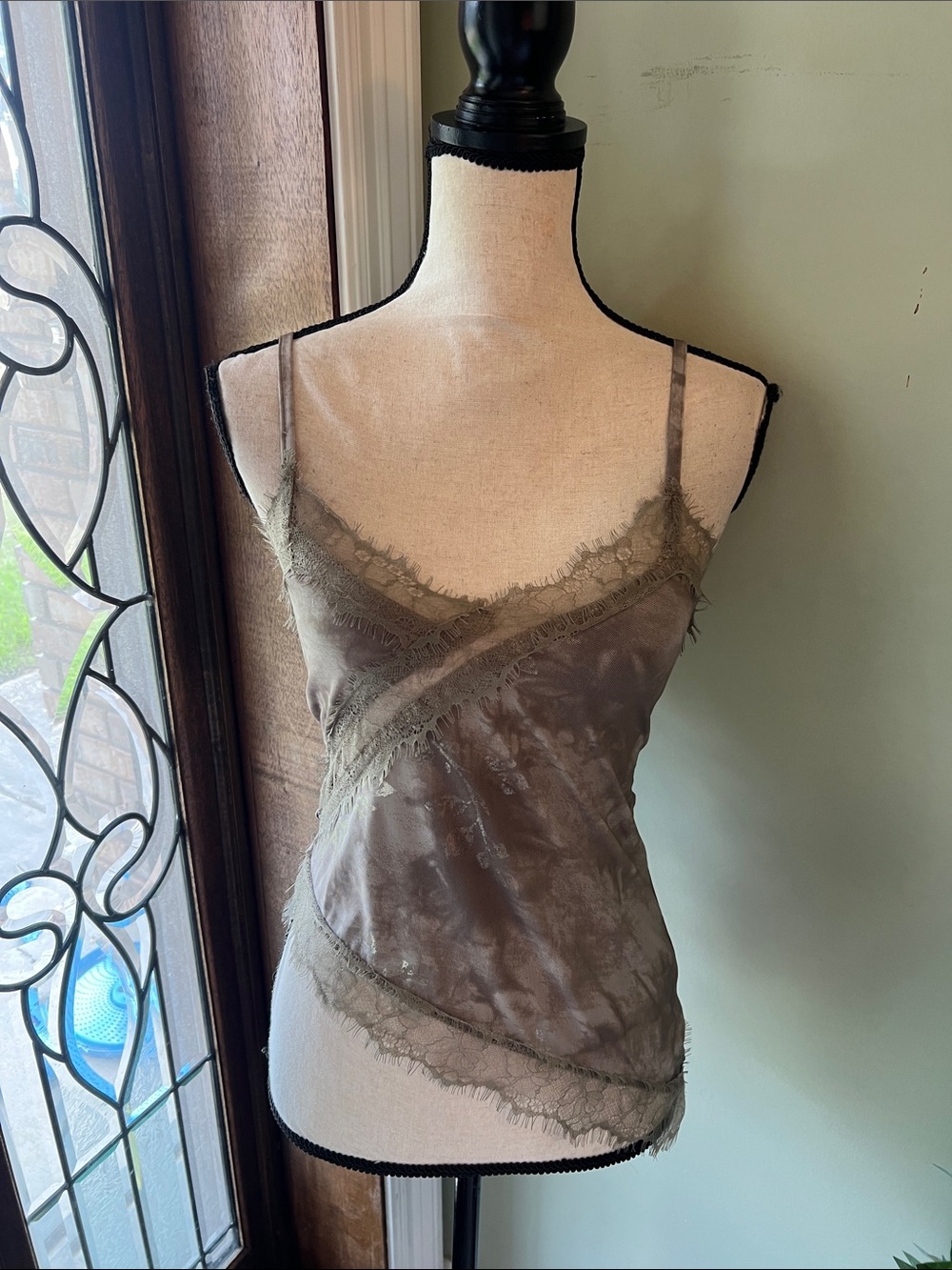 Thirty Thirty Satin Lace-Trim Olive Camisole with Adjustable Straps